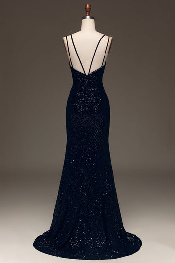 Black Sparkly Sequin Mermaid Long Ball Dress With Slit